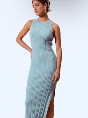 So Me Blue Pleated Maxi Dress XL Side Slit Flowy Wedding Guest Elegant Dress